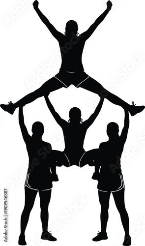 Cheerleading stunt silhouette team acrobatics lifting athletes teamwork strength performance isolated black vector illustration, flavector