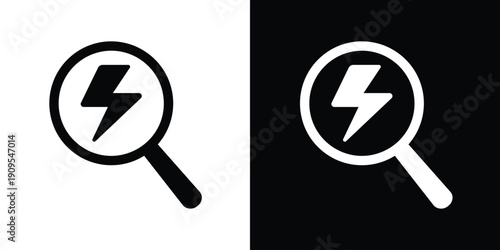 Magnifying glass containing a lightning bolt strike. Concept for quick search, finding power sources, energy discovery, and fast performance analysis. Bold black and white icons.