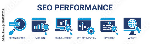 Seo Performance web banner icon vector illustration concept with icon of organic search, page rank, seo monitoring, web optimization, keywords, and website.