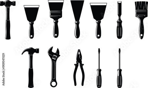Construction hand tools silhouette set hammer wrench pliers screwdrivers scrapers brushes isolated vector illustration icon, flavector