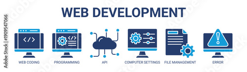 Web Development web banner icon vector illustration concept with icon of web coding, programming, api, computer settings, file management, and error handling.
