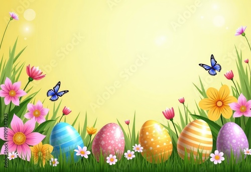 Colorful Easter eggs nestled among blooming daisies and butterflies in a vibrant spring garden with soft sunlight illuminating the scene