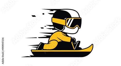 Cartoon character in yellow racing suit and helmet with goggles speeding on a sled, dynamic motion lines