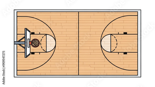 Top view of a basketball court with a hoop and markings on a wooden floor
