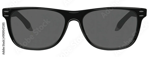 Close-up view of dark, plastic-framed sunglasses with dark grey lenses. Black background