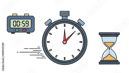 Modern timekeeping devices illustration showcasing stopwatch, timer, and hourglass side by side in a clean layout