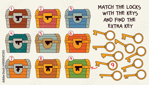 Fun logic puzzle for kids with treasure chests and keys. Match each key to the correct lock and find the one that doesn t fit. Educational printable activity for children. Match and find the extra key