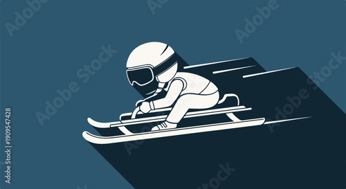 Cartoon skier in helmet and goggles racing downhill on a sled with skis, motion blur effect