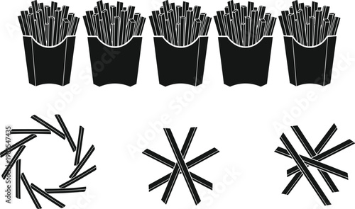 French fries silhouettes set, fast food snack icons, fried potato sticks, black vector illustration isolated