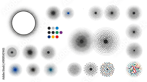 Collection of abstract circular shapes and designs in various colors and patterns displayed on a clean white background