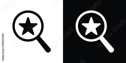 Vector magnifying glass icon with a star symbol inside. Concept for favorites search, finding best results, rated content, and quality discovery. Flat black and white design.