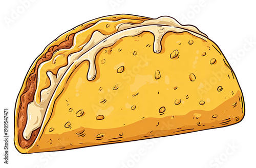 Stylized, isolated illustration of a crispy taco, filled and drizzled with creamy sauce