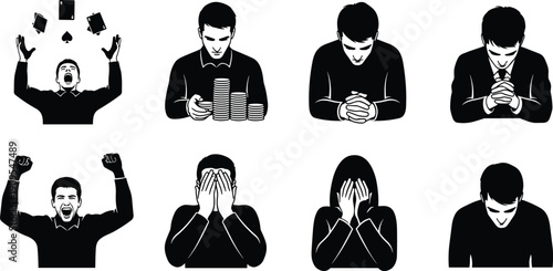 Gambling emotions silhouettes poker player winning losing stress despair casino psychology concept isolated black vector illustration, flavector