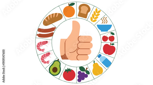 A circular diagram showing a balanced diet illustration with a large peach-colored thumbs up in the center (4)_traced