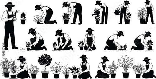 Gardening process silhouette icon set with planting watering pruning plants isolated black vector illustration - flavector