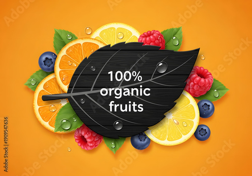 A vibrant arrangement of organic fruits and leaves on an orange background
