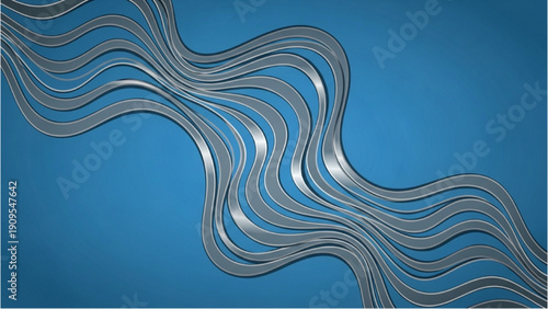 Wavy silver metallic lines flow dynamically on a blue gradient background from top left to bottom right viewpoint