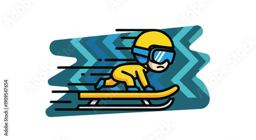 Vibrant cartoon vector illustration of a person in a yellow suit and helmet speeding down a snowy slope on a sled, showcasing winter sports and fast action.