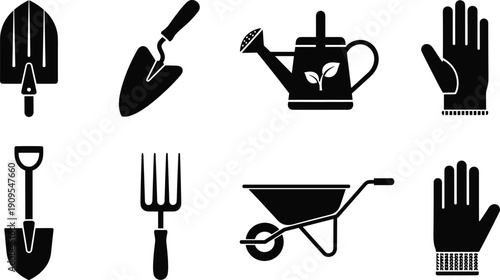 Gardening tools icon set with shovel trowel fork gloves wheelbarrow isolated black vector silhouette - flavector