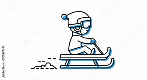 Minimalist line art illustration of a cute cartoon character sledding down a snowy hill, enjoying winter sports and outdoor fun with joy and speed.