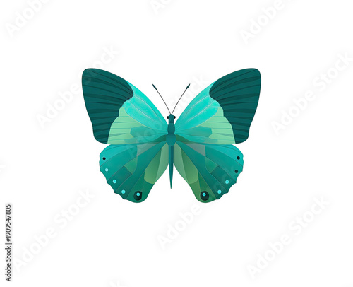A vibrant geometric butterfly illustration with teal and cyan hues, set against a black backdrop