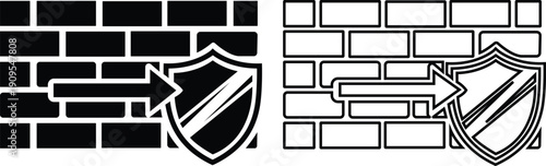 Illustration of black and white brick wall with shield and arrow graphic illustrations