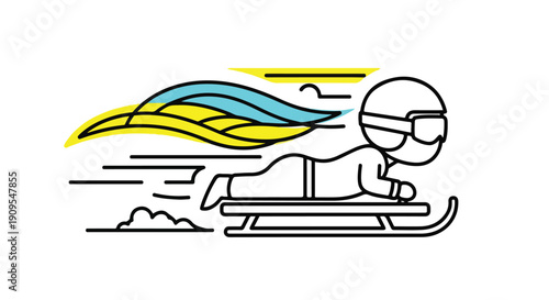 Cartoon person sledding downhill fast with goggles and helmet, abstract wind streaks