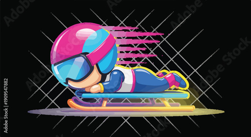 Cartoon Luge Athlete in Colorful Helmet and Goggles Speeds Down Track with Neon Streaks