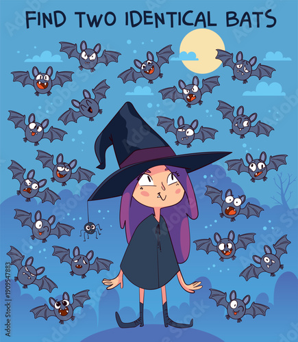 Halloween puzzle game with cute witch and funny bats. Find two identical bats among many. Educational activity for kids, cartoon vector illustration on night sky background. Funny cartoon characters