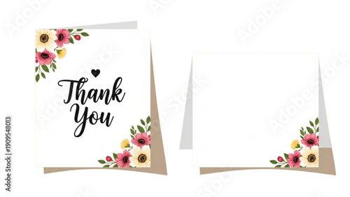 Beautiful floral thank you card with decorative corner flowers and leaves on a greeting card with envelope
