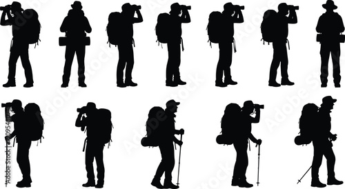 Hiker and photographer silhouette icon set with backpack trekking outdoor adventure isolated black vector - flavector