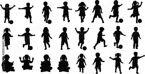 Kids playing silhouette set children running jumping football action poses isolated black vector – flavector