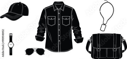 Set of Professional Men's Streetwear Silhouettes with Black Button Down Shirt, Messenger Bag, Baseball Cap, and Aviator Sunglasses Isolated on White