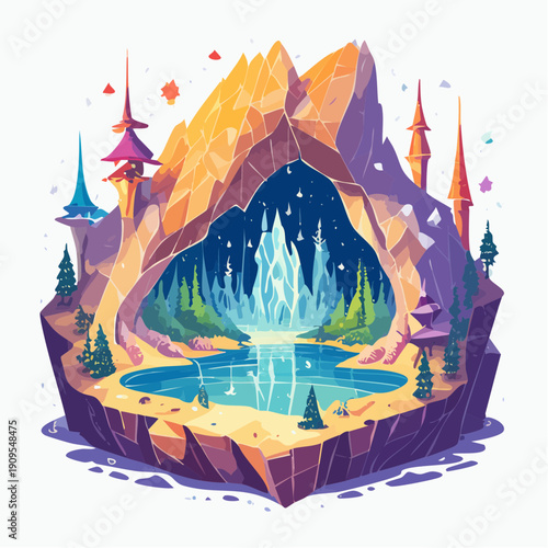 Enchanting Crystal Cave Ecosystem With Lush Vegetation Surrounding A Serene Lake