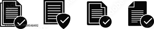 Document file checkmark vector icon set. Approved paper, verified data, secure document, confirmed report symbols isolated on white.
