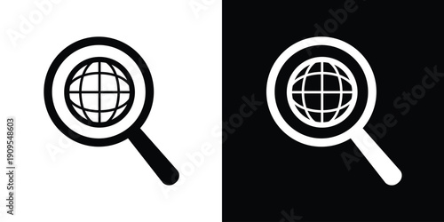 Vector magnifying glass icon focused on a globe. Concept for global search, international discovery, world exploration, and web navigation. Minimalist black and white design.