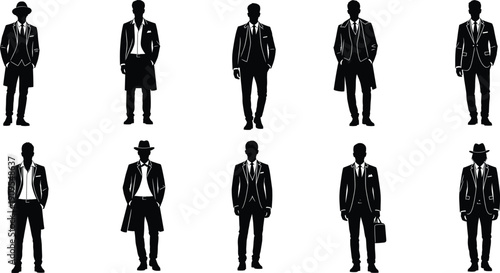 Set of Professional Men Silhouettes in Modern Business Suits and Formal Outfits Isolated on White Background for Fashion and Corporate Design