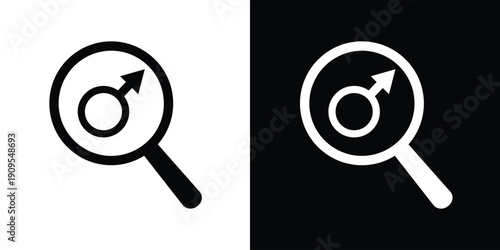Male gender symbol inside a magnifying glass. Vector icon for men's health research, medical checkups, gender-specific search, or urology clinic services. Clean black and white flat design.