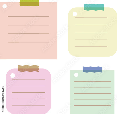 A collection of four pastel colored sticky notes with lines taped to a bright white surface