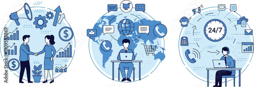 Global business communication illustration, online customer support service, digital marketing strategy, worldwide ecommerce, partnership growth, 24/7 helpdesk concept