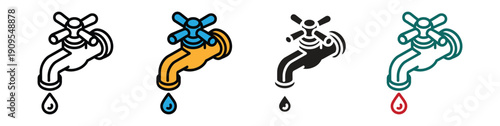 Water tap icon, Faucet tap icon set vector illustration, Water drop plumbing symbol collection.