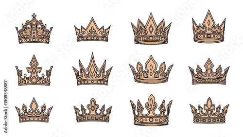 A collection of crowns, monarch symbols, and royal emblems displayed in a grid arrangement