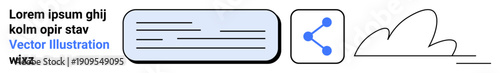 Cloud computing, data sharing, networking, connectivity, technology, digital tools. Minimal icons showing text block, sharing symbol and cloud outline. Cloud computing and data sharing theme