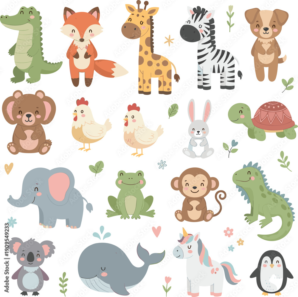 Obraz premium Cute baby animals cartoon set with elephant, giraffe, zebra, unicorn, whale, penguin