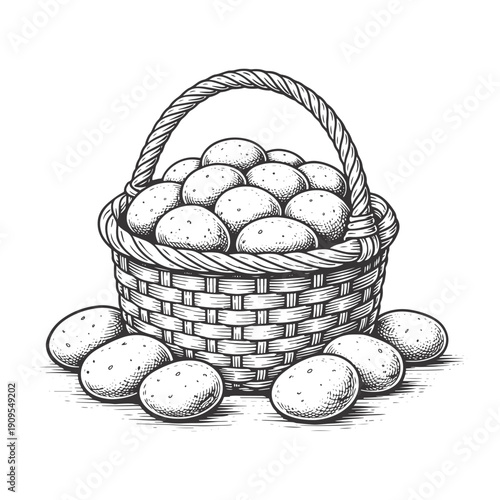 Potato harvest in wicker basket vector illustration, hand-drawn engraving style, black and white sketch of raw root vegetables isolated on White Background
