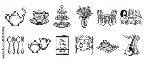 Hand-drawn tea party illustration set with various sketch elements including a teapot, cupcakes, picnic basket, flowers, and friends gathering for a celebration in a monochrome line art style