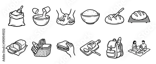 Hand-drawn icon set illustrating the process of baking bread from flour to a finished loaf and enjoying a picnic with sandwiches, a basket, and a backpack in a simple line art style