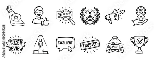 Hand-drawn set of customer review icons in a simple black and white doodle style, featuring a trophy, star ratings, quality badges, and testimonials for feedback concepts