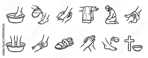 Twelve hand-drawn religious icons illustrating the biblical story of foot washing with symbols of humility, service, a cross, praying hands, a basin, and a towel