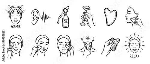 Set of hand-drawn black line icons representing facial massage, skincare routines, and ASMR relaxation with a jade roller, gua sha stone, and essential oil for self-care